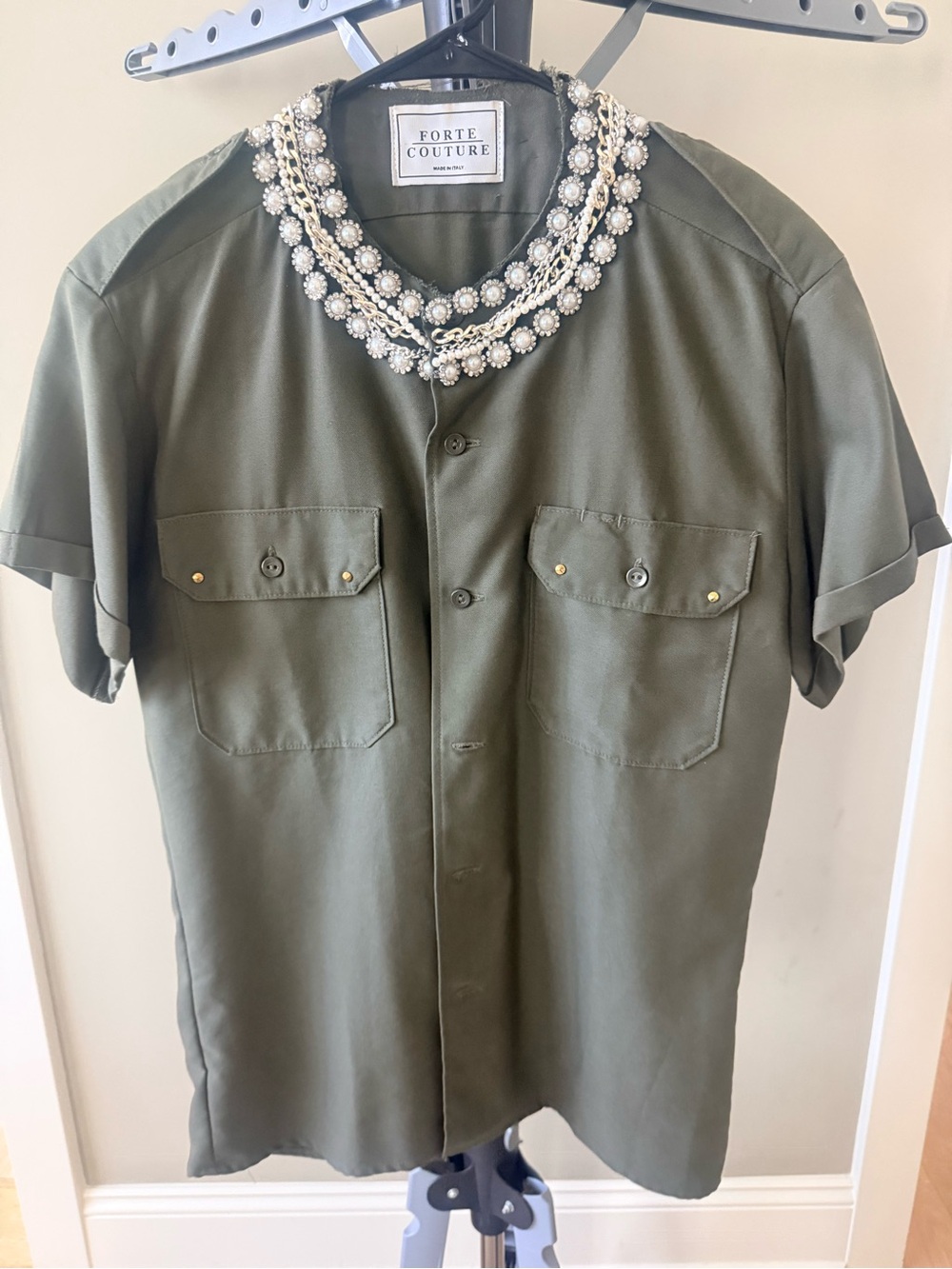 Olive Short-Sleeve Utility Shirt with Embellished Neckline